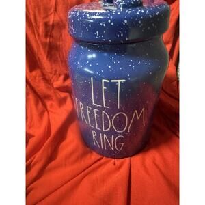 Rae Dunn "Let Freedom Ring" Blue Speckled Canister 8.5" Tall Retired